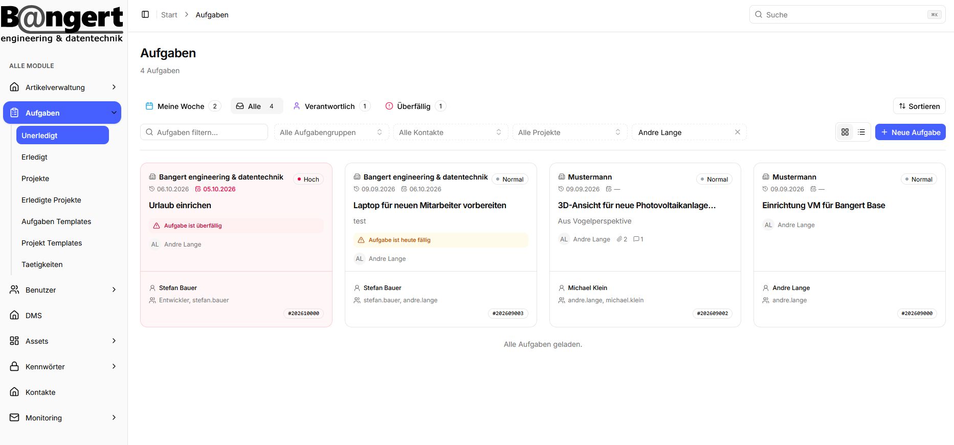 Screenshot: Bangert Base – Aufgabenmodul