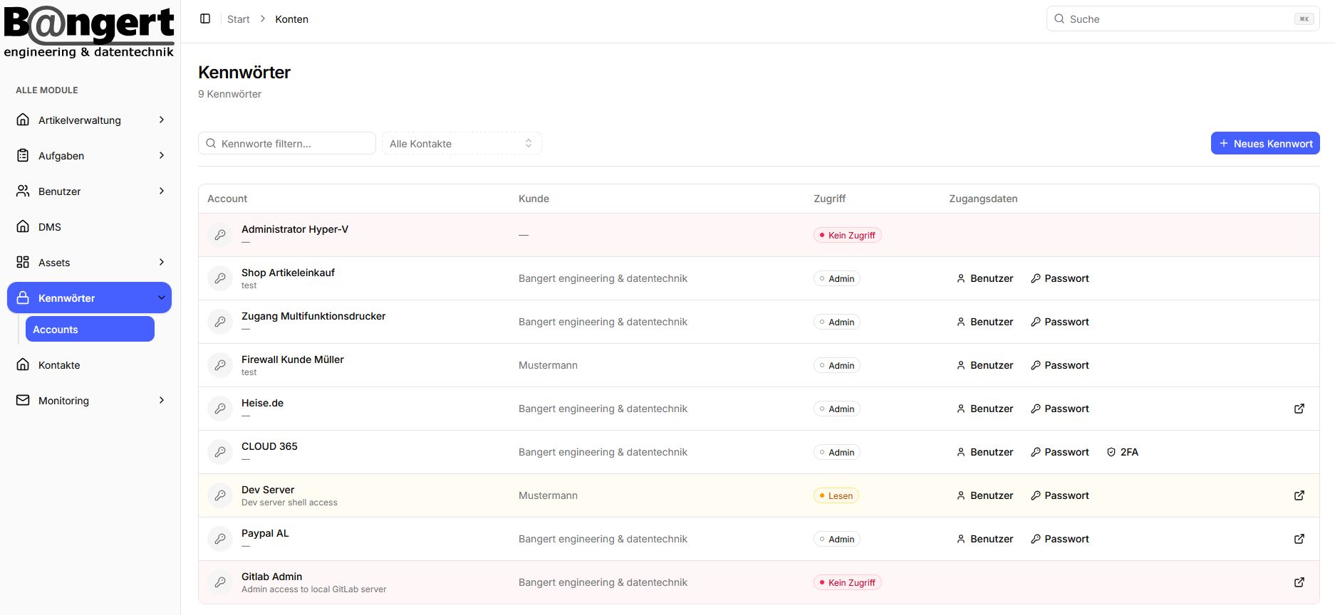 Screenshot: Bangert Base – Passwortmodul
